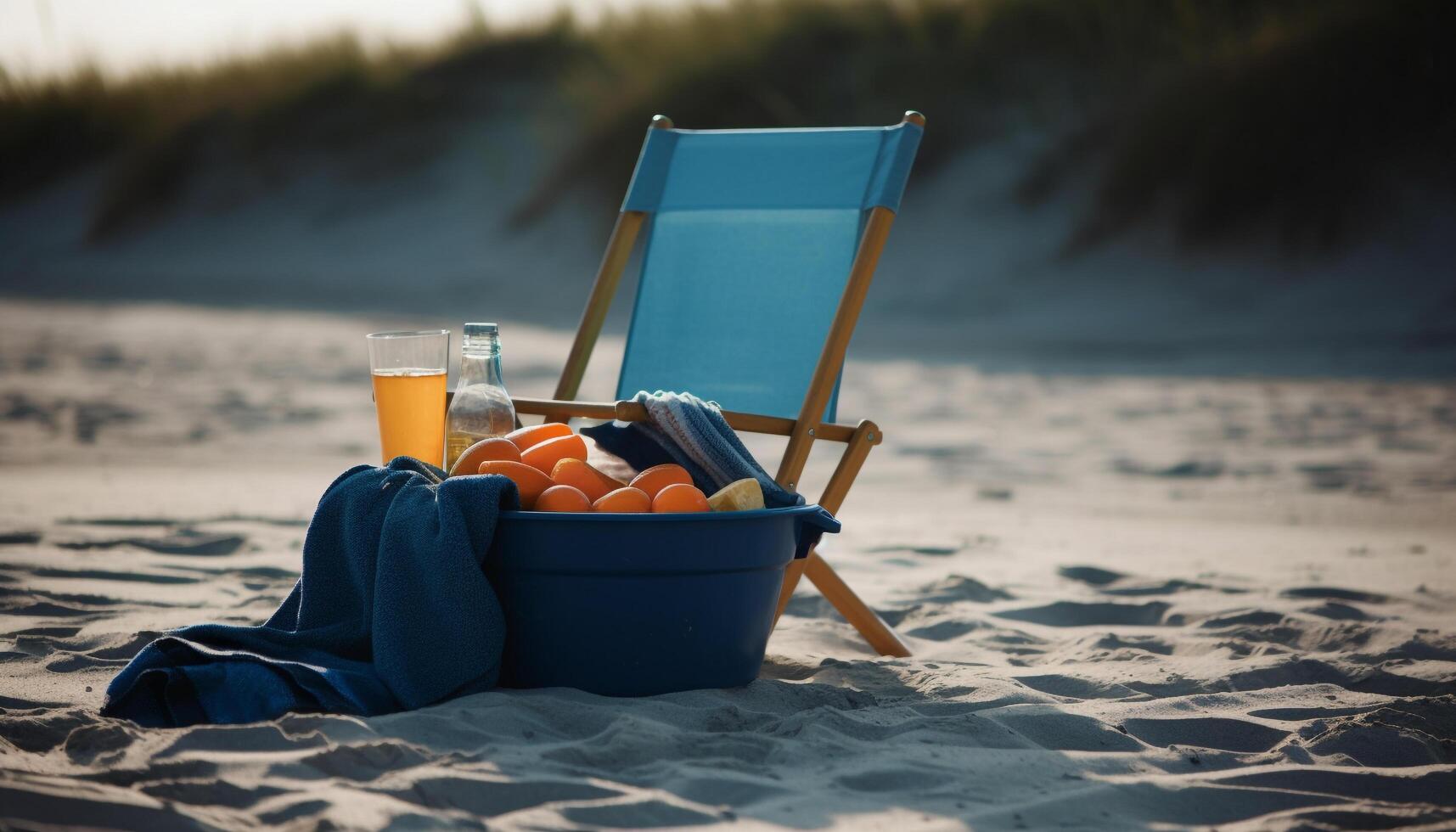 sole baciato spiaggia giorno sabbia, onde, e frutta generato di ai foto