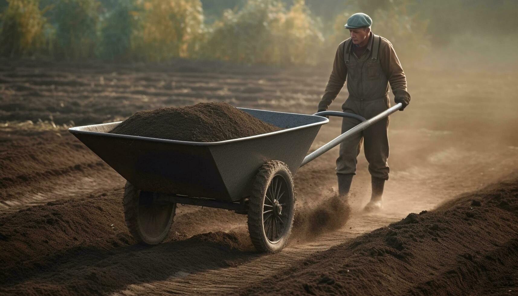 uomini Lavorando nel natura con carriola e pala generato di ai foto