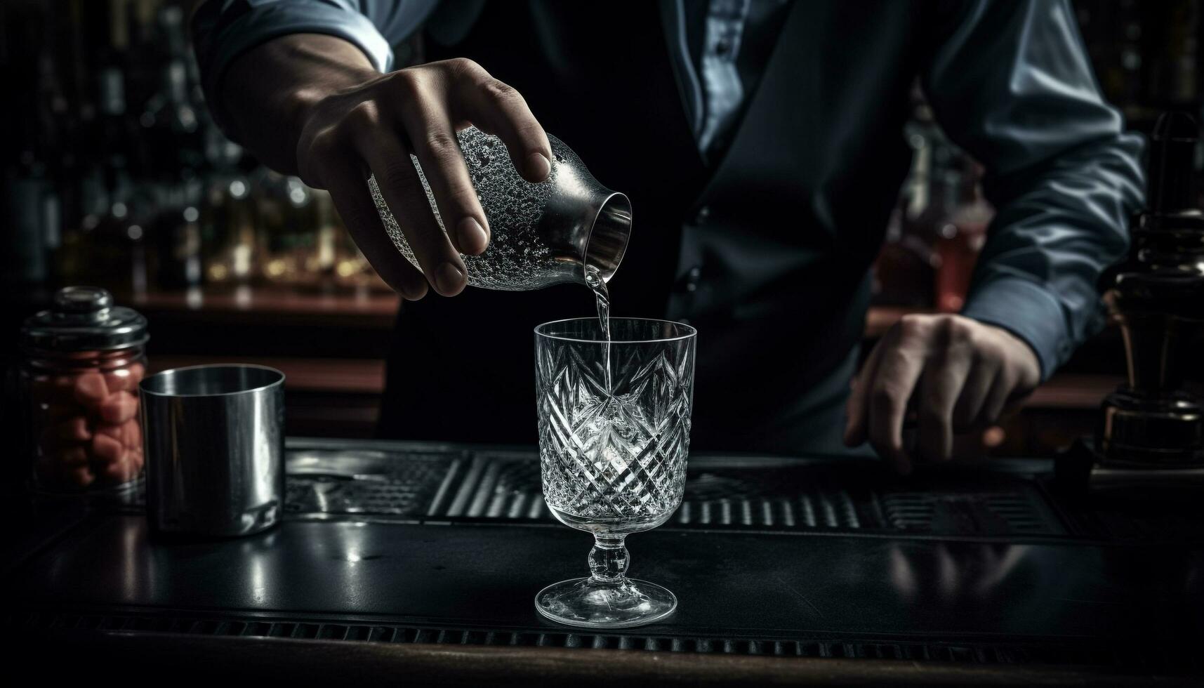 caucasico barista scrosciante fresco cocktail a elegante bar generato di ai foto