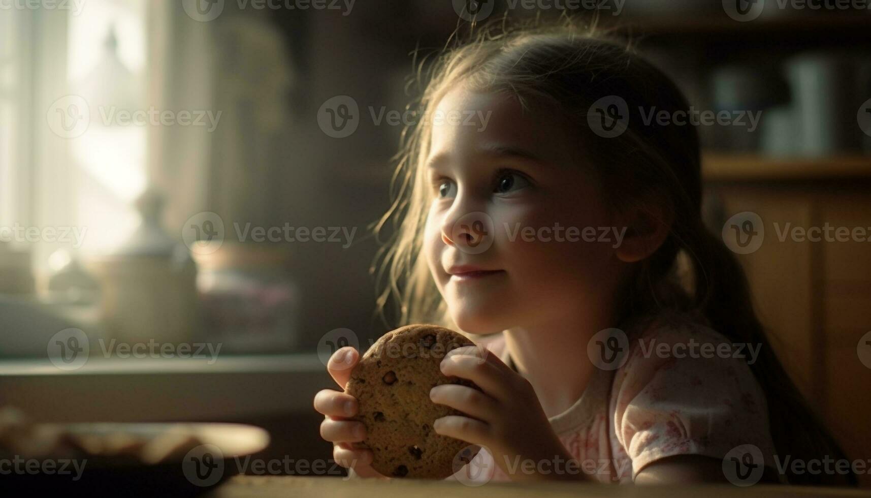 carino caucasico ragazza sorridente, giocando con biscotto in casa generato di ai foto