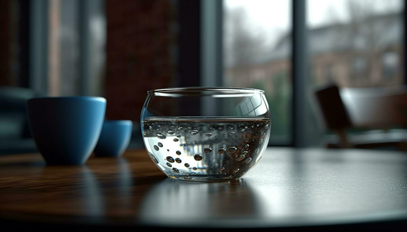trasparente bicchiere riflette bagnato far cadere su tavolo generato di ai foto