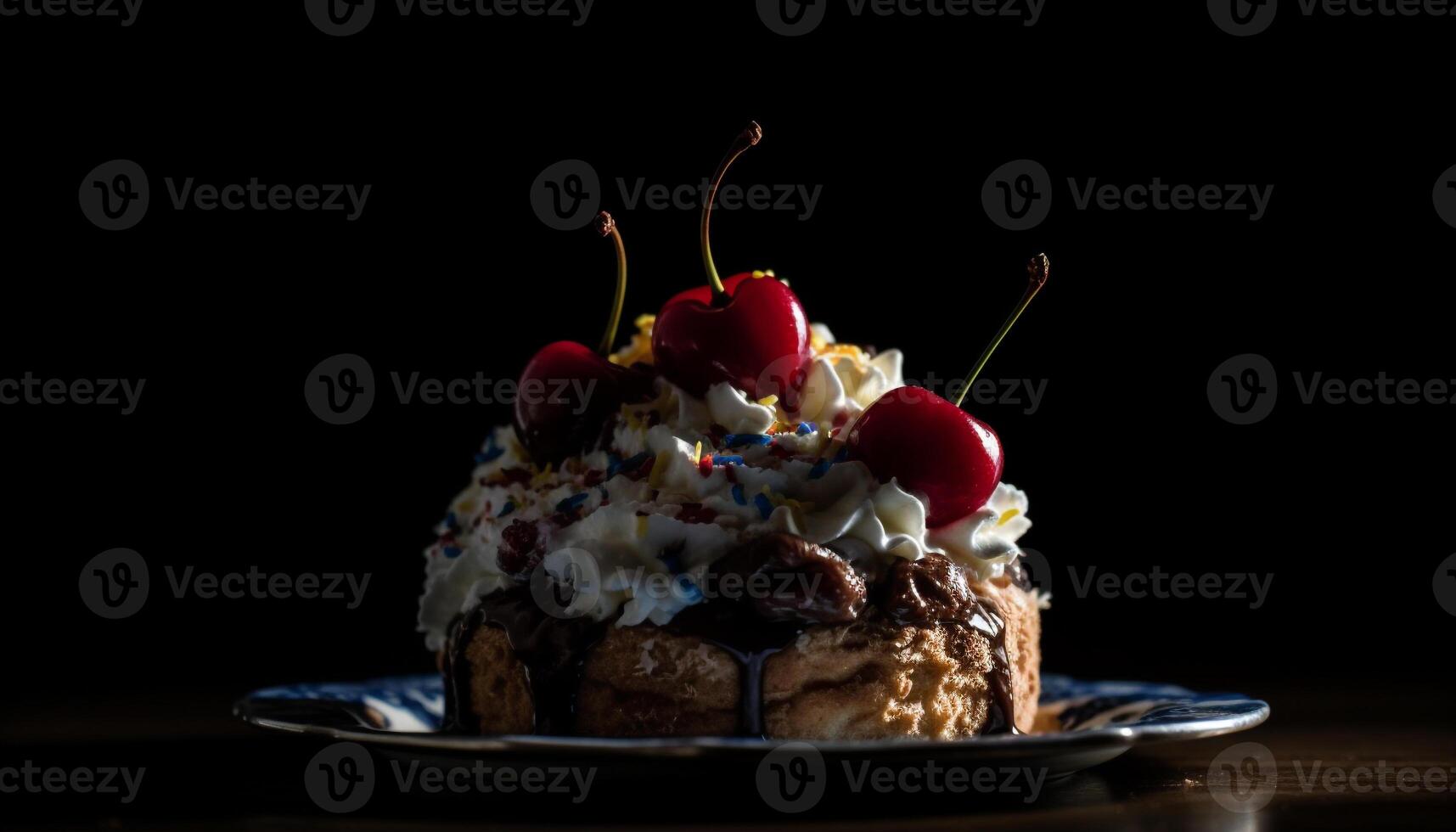 un' piatto di indulgente buongustaio dolci, fresco frutti di bosco, e frustato crema generato di ai foto