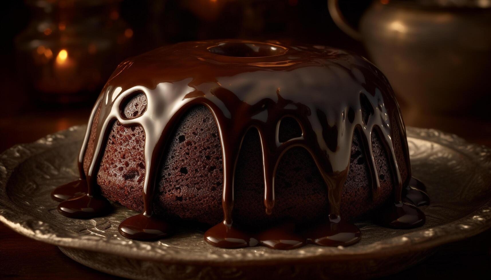 indulgente cioccolato torta fetta su rustico di legno piatto generato di ai foto