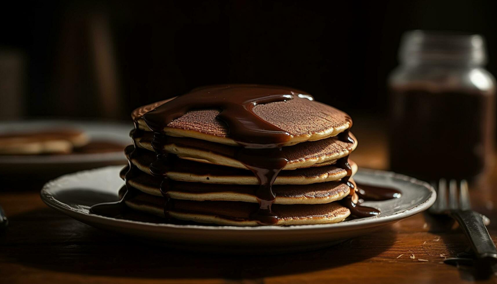 pila di fatti in casa Pancakes con cioccolato sciroppo generato di ai foto