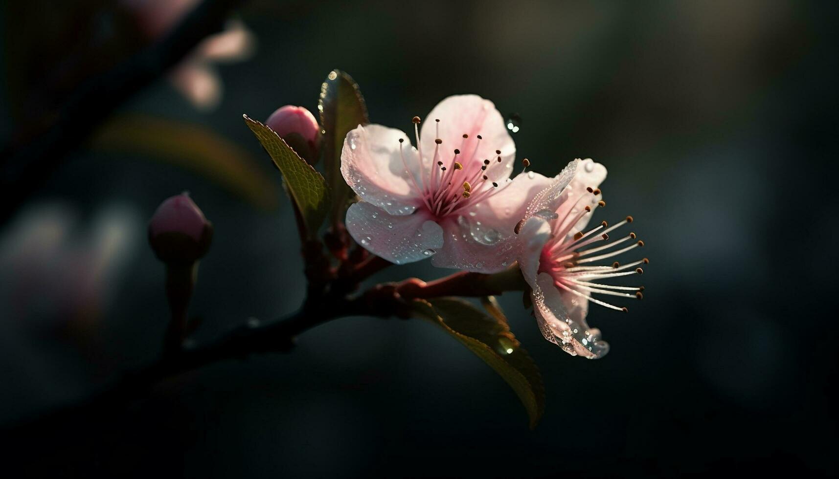 vivace ciliegia fiore, rugiada gocce su petali generato di ai foto