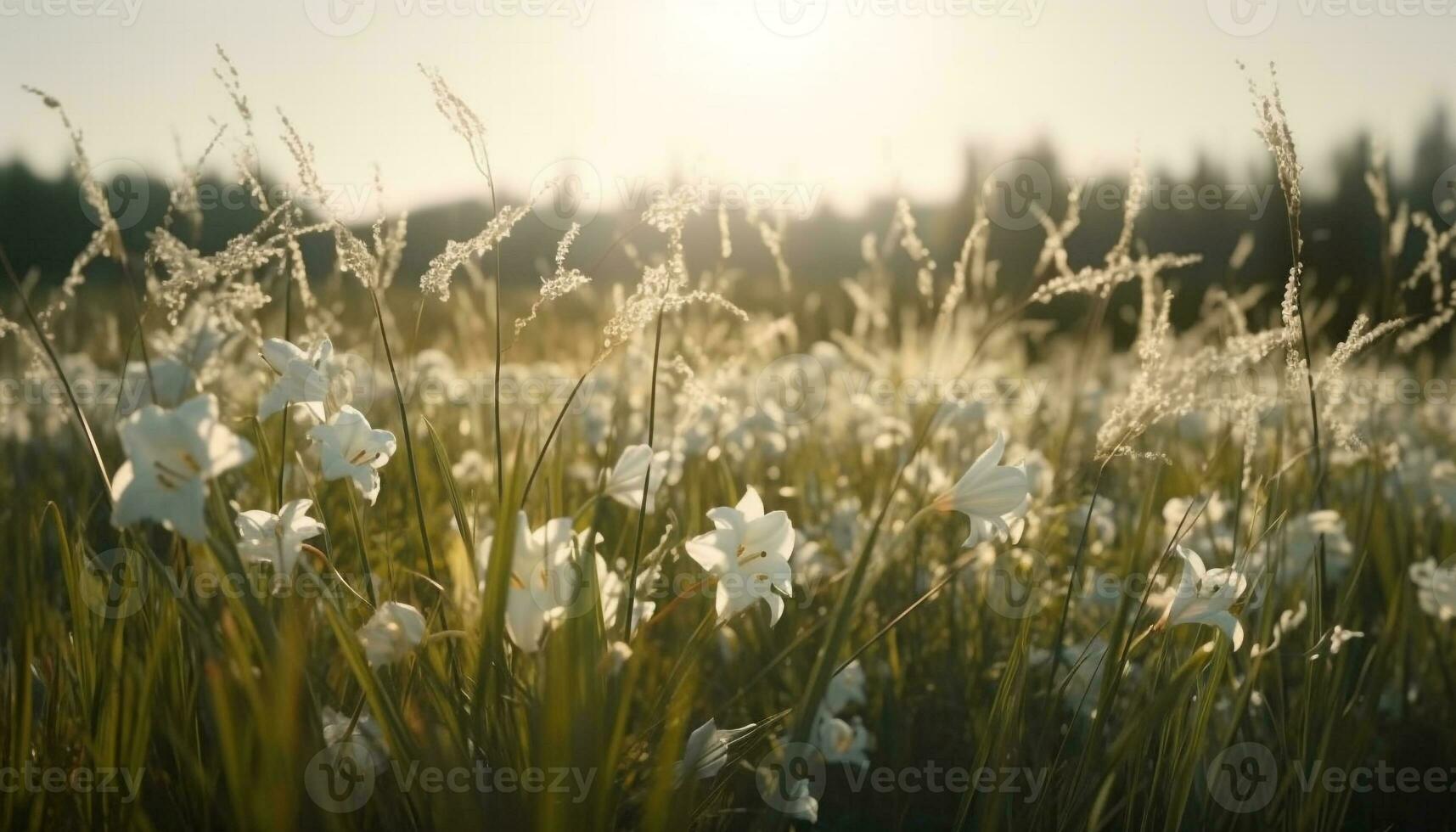 illuminata dal sole prato fioriture con fiori selvatici a alba generato di ai foto