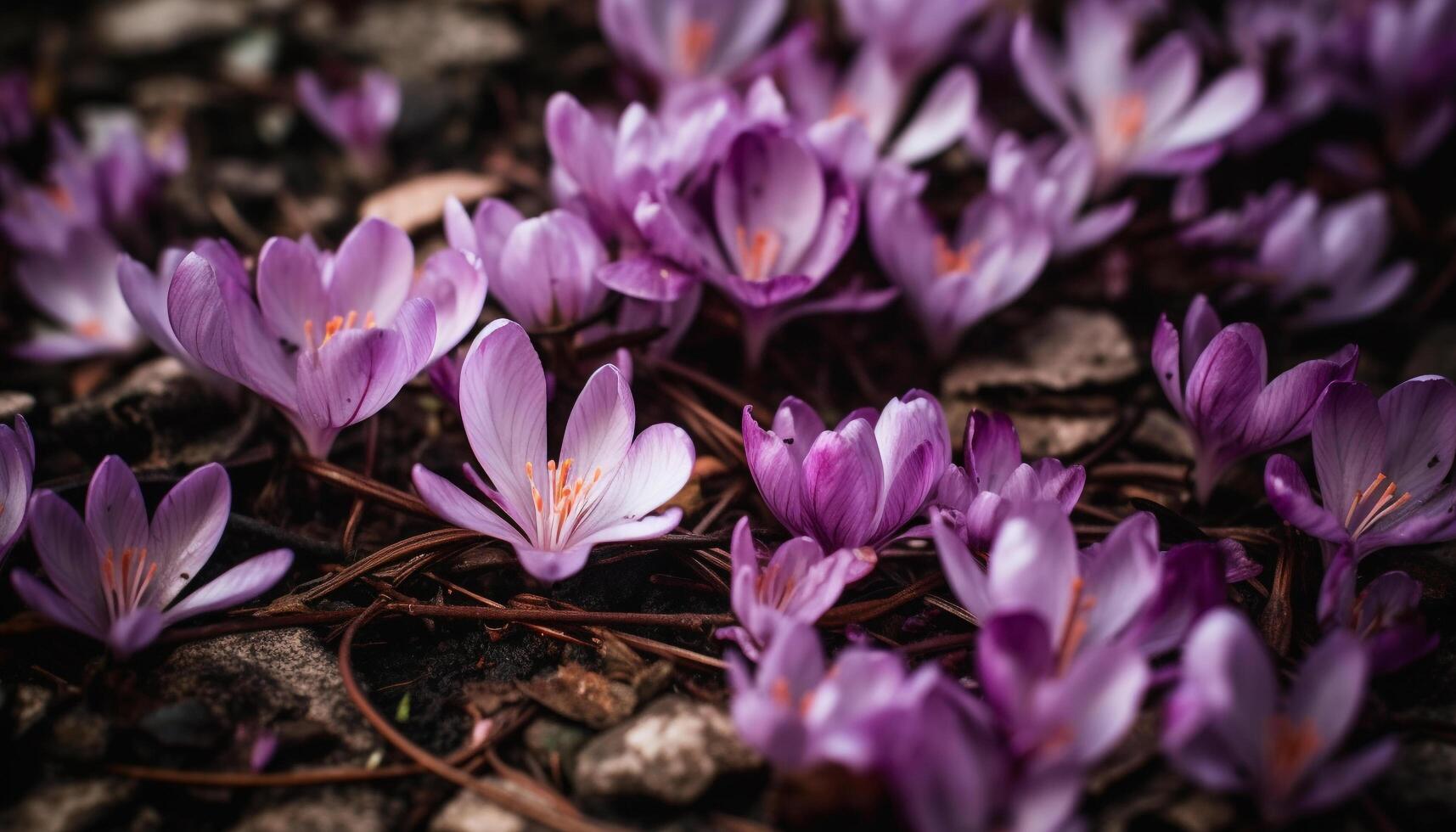 vivace croco fiorire nel formale giardino prato generato di ai foto