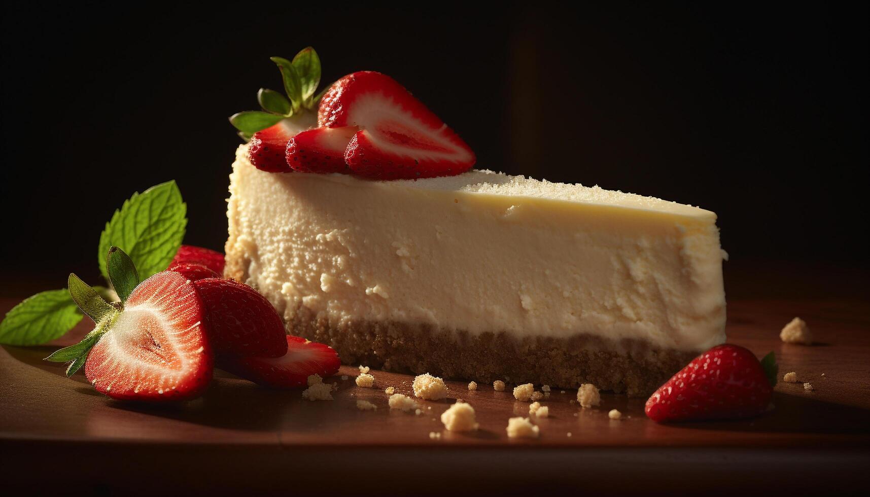 un' buongustaio torta di formaggio fetta con fresco frutti di bosco generato di ai foto