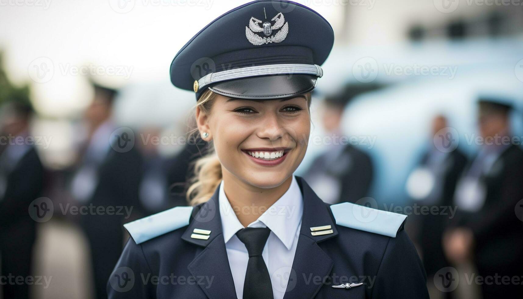 fiducioso giovane donne nel uniforme, sorridente, guardare a telecamera generato di ai foto