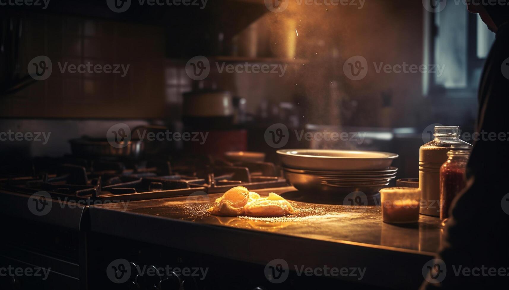 salutare fatti in casa pasto preparazione nel un' commerciale cucina con acciaio attrezzatura generato di ai foto