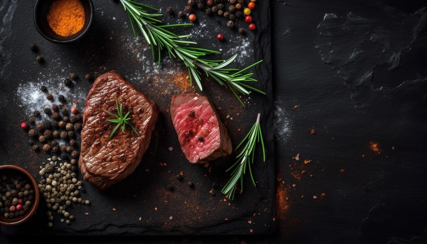 grigliato Manzo bistecca con erba stagionatura su rustico di legno piatto generato di ai foto