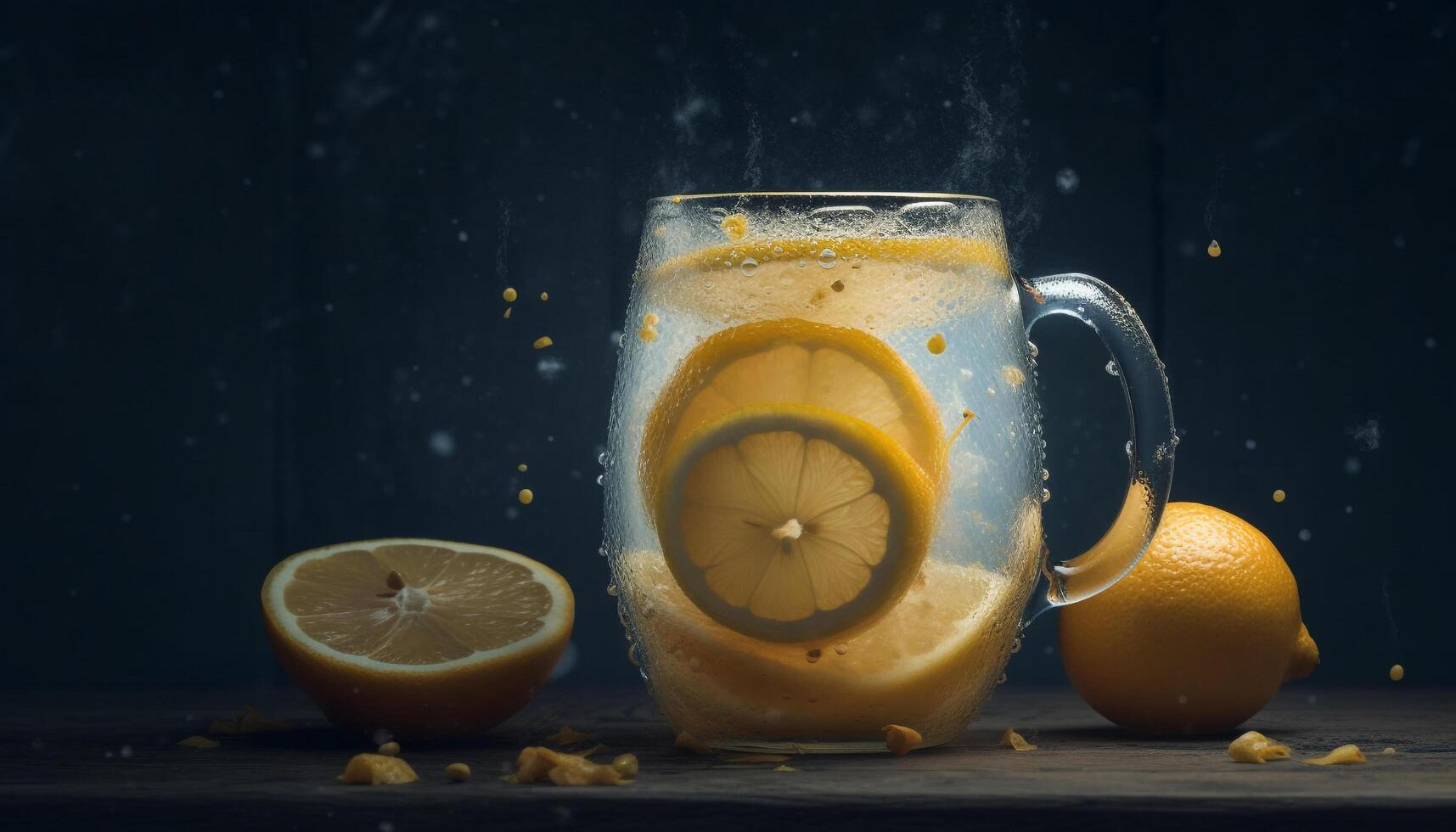 fresco Limone fetta su rustico di legno tavolo con ghiaccio e bevanda generato di ai foto