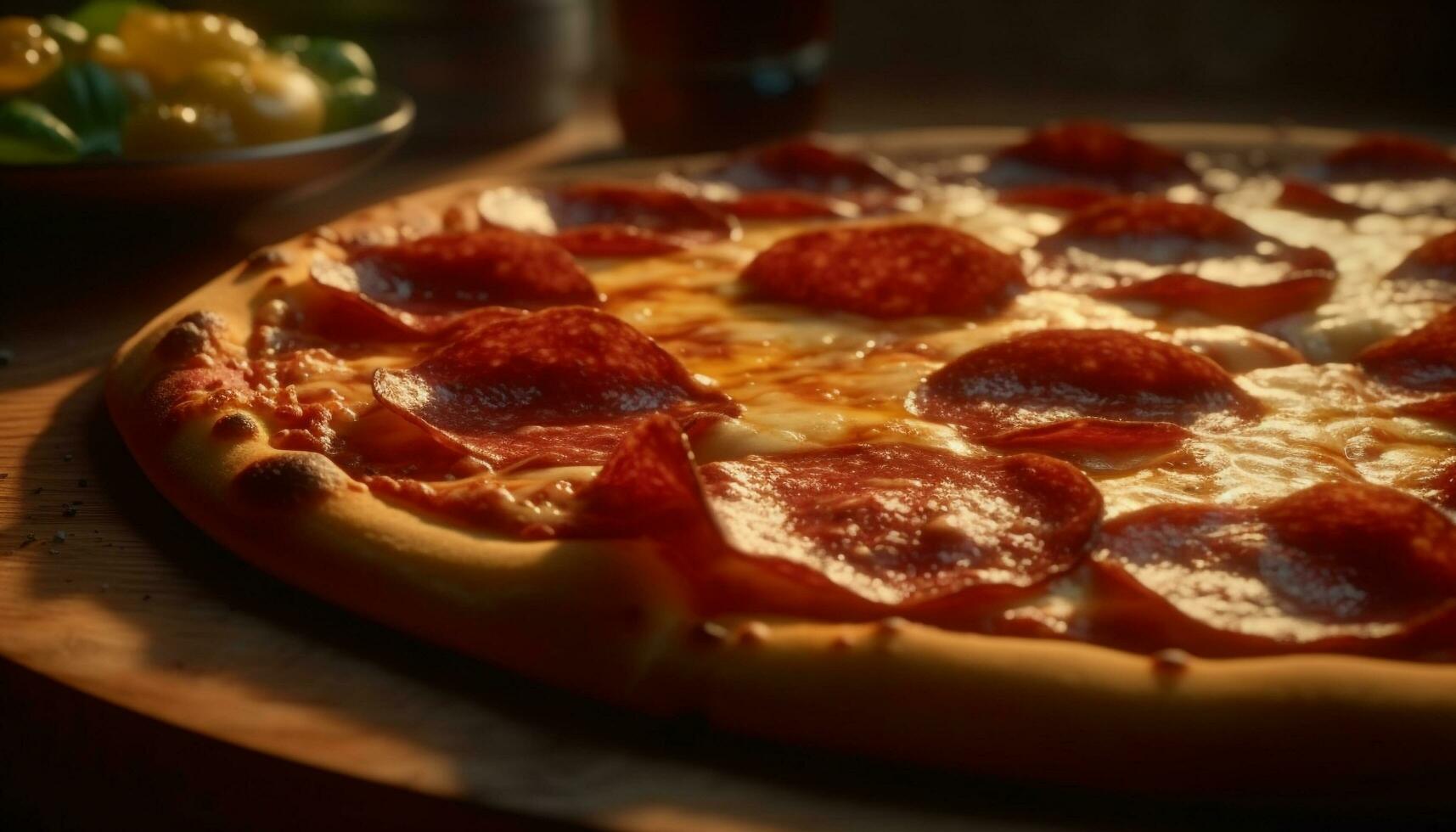 appena al forno Pizza fetta con Mozzarella, salame, e pomodoro condimenti generato di ai foto
