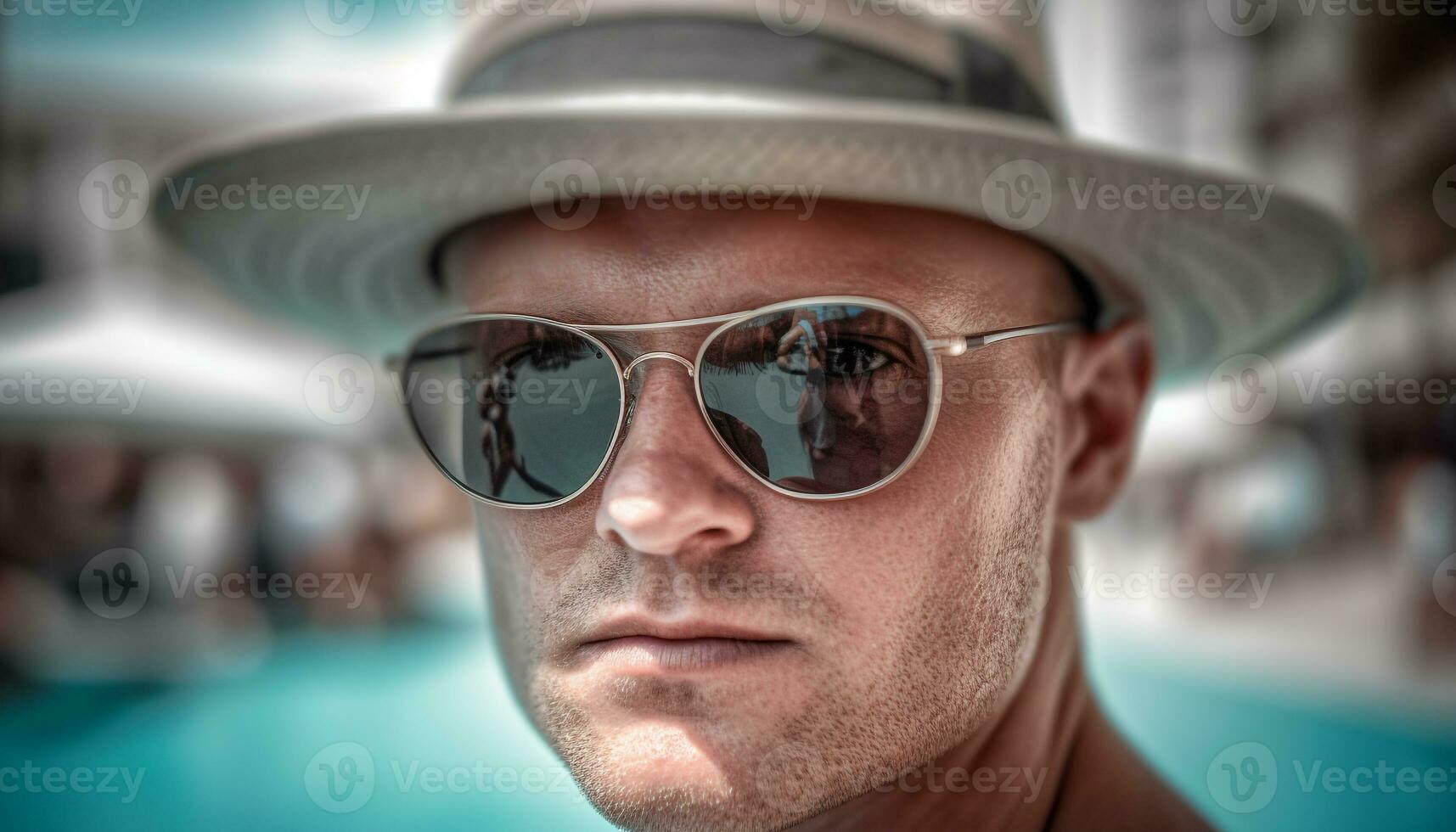 fiducioso giovane adulto uomo nel alla moda occhiali da sole e fedora generato di ai foto