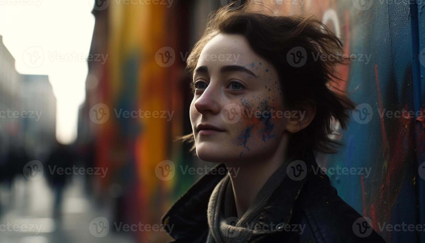 bellissimo giovane donna nel città abbraccia creatività con colorato moda generato di ai foto