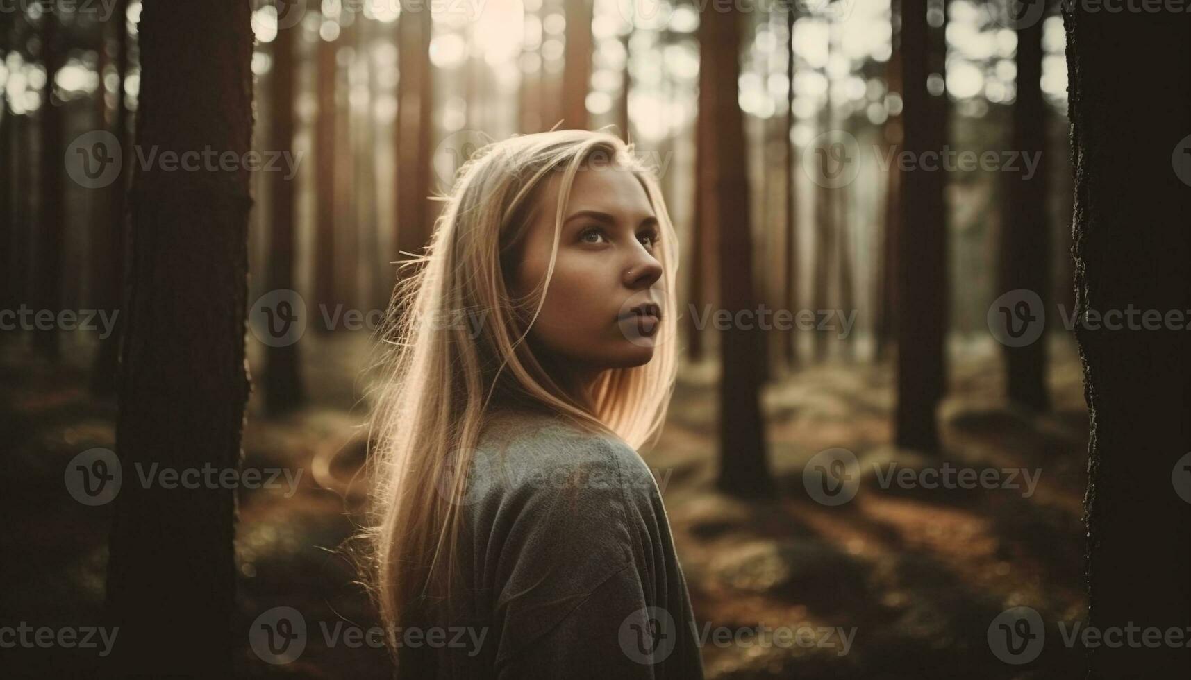 giovane donna nel foresta, bellezza nel natura, guardare lontano generato di ai foto