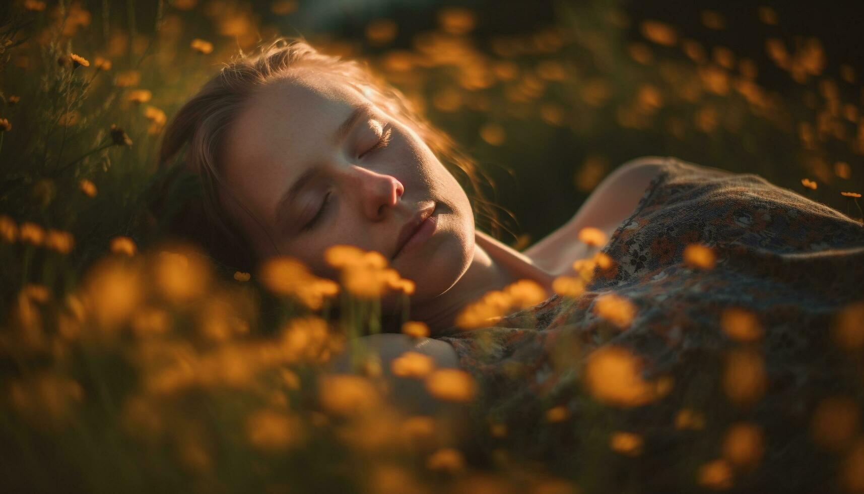 un' sereno giovane donna gode natura bellezza nel un' prato generato di ai foto