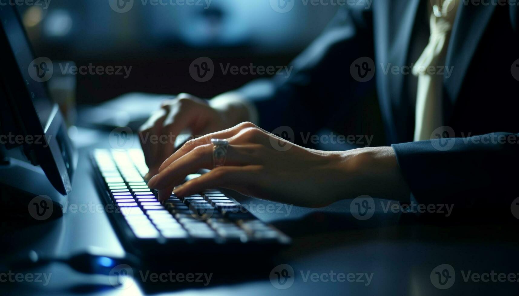 occupato uomo d'affari digitando su computer tastiera nel moderno ufficio ambiente generato di ai foto