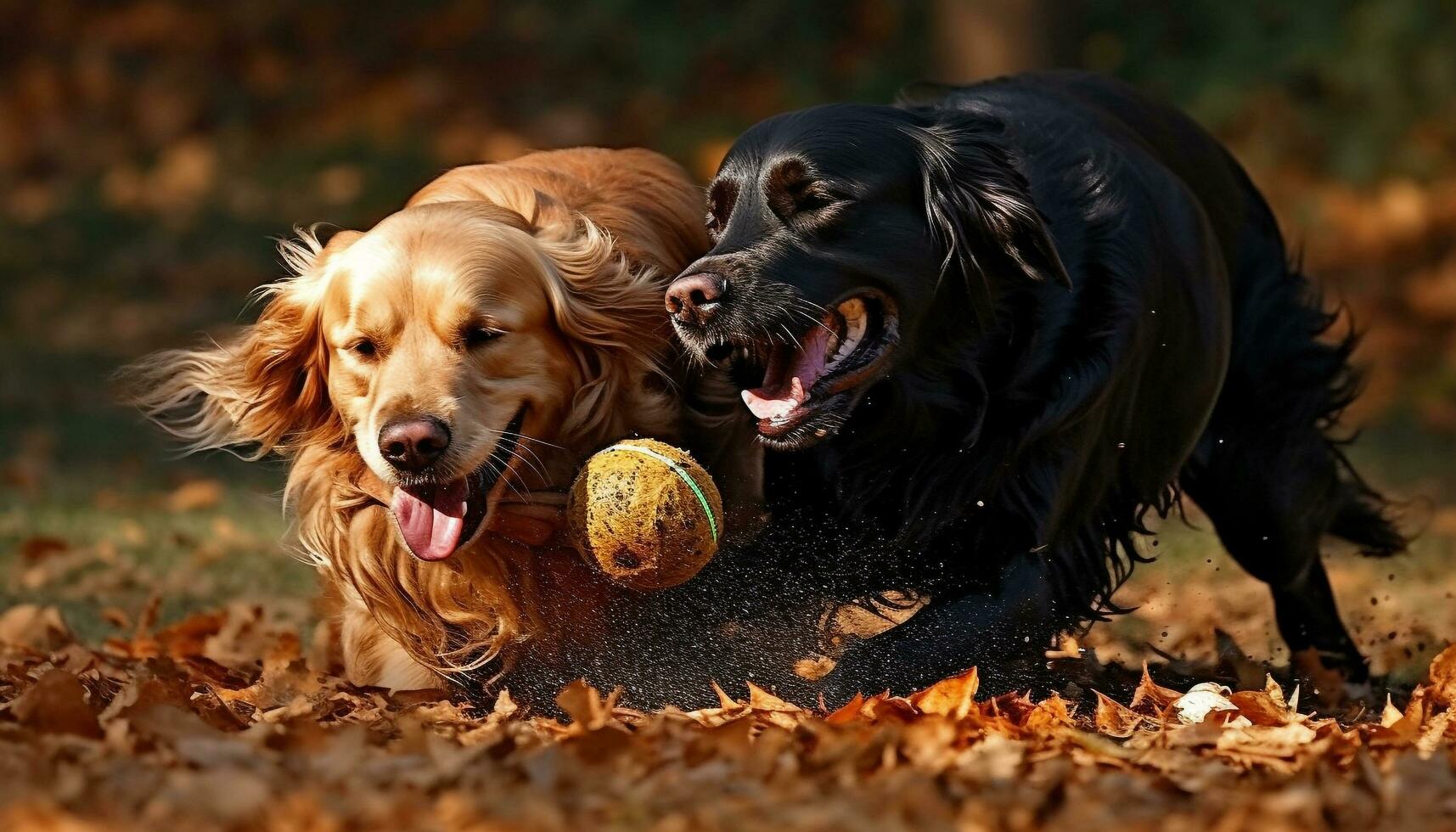 carino di razza cuccioli giocando all'aperto nel autunno natura, avendo divertimento generato di ai foto