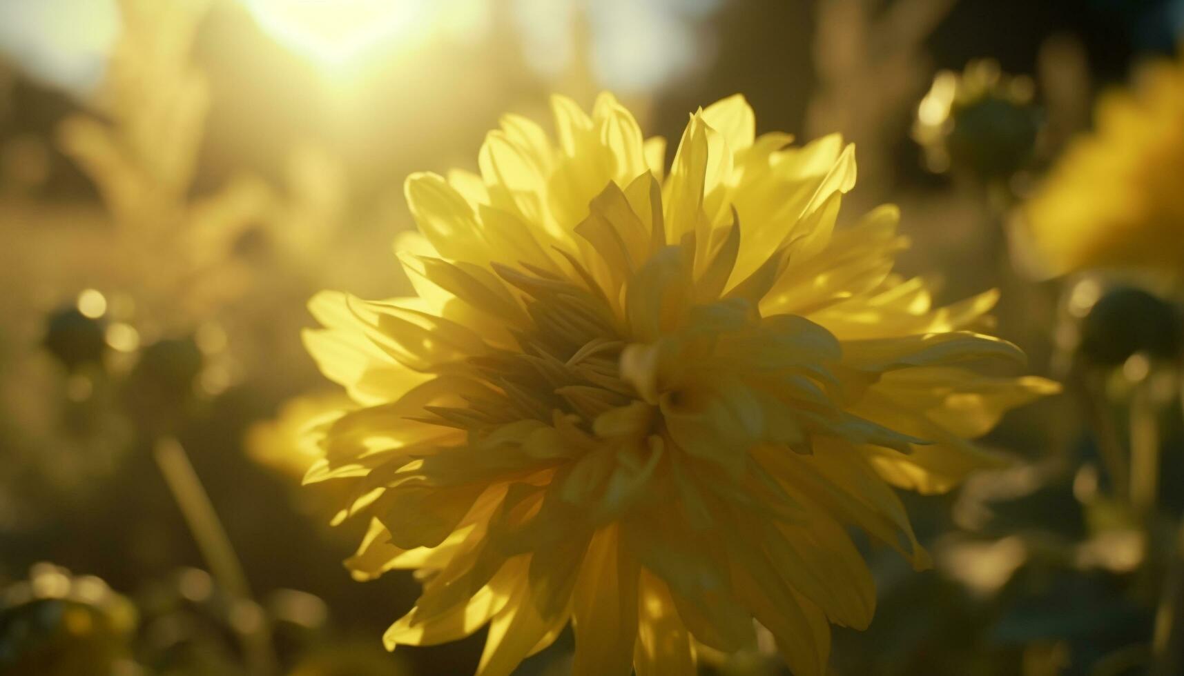 vivace giallo girasole fiorire nel fresco prato, retroilluminato di luce del sole generato di ai foto