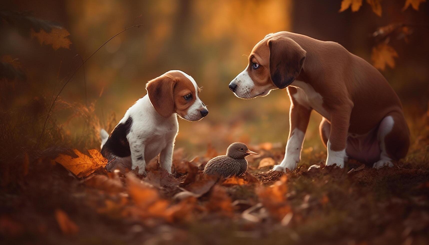 giocoso beagle e terrier seduta nel autunno erba, godendo natura generato di ai foto