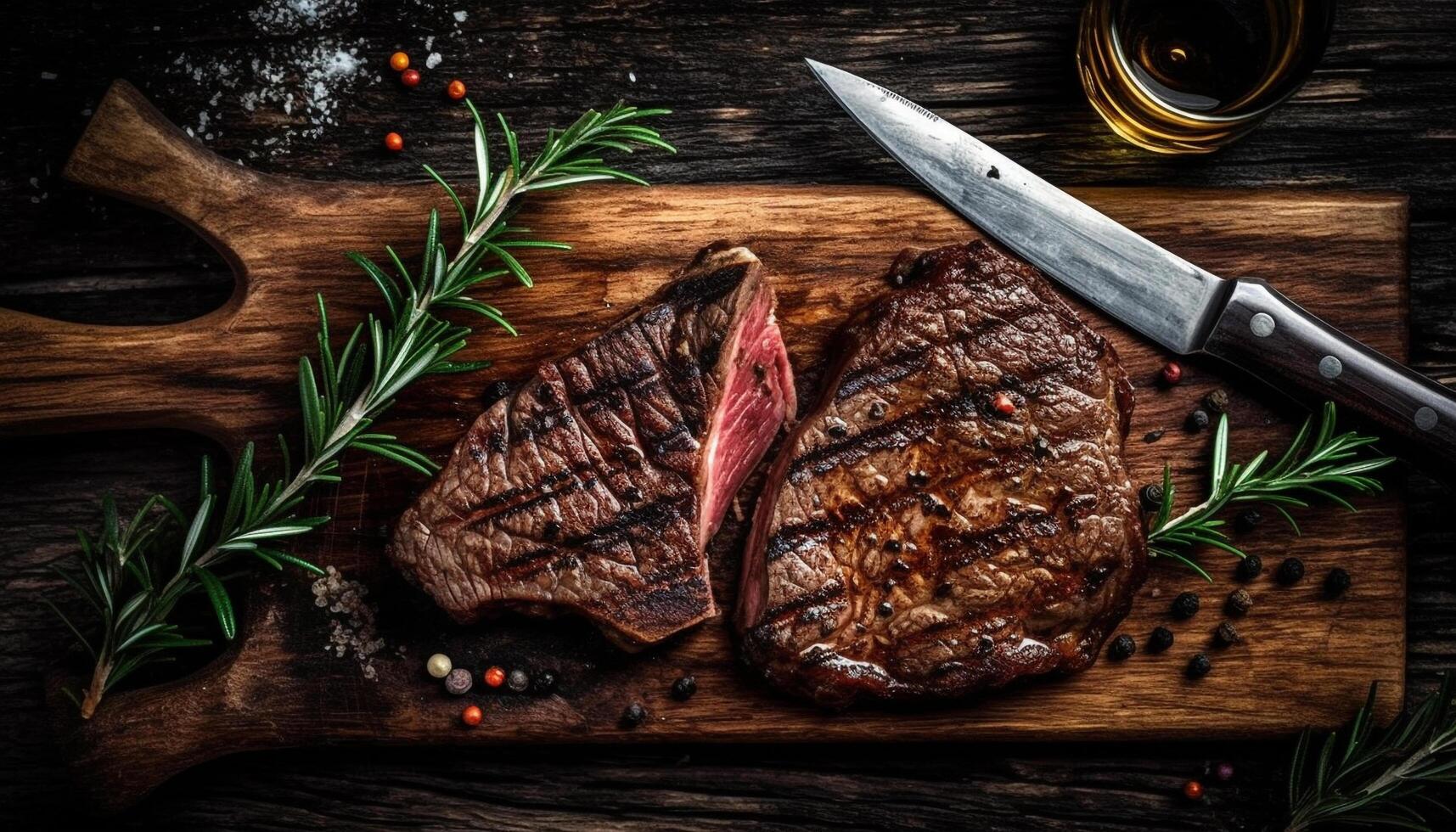 succoso grigliato porterhouse bistecca con rustico stagionatura su di legno tavolo generato di ai foto