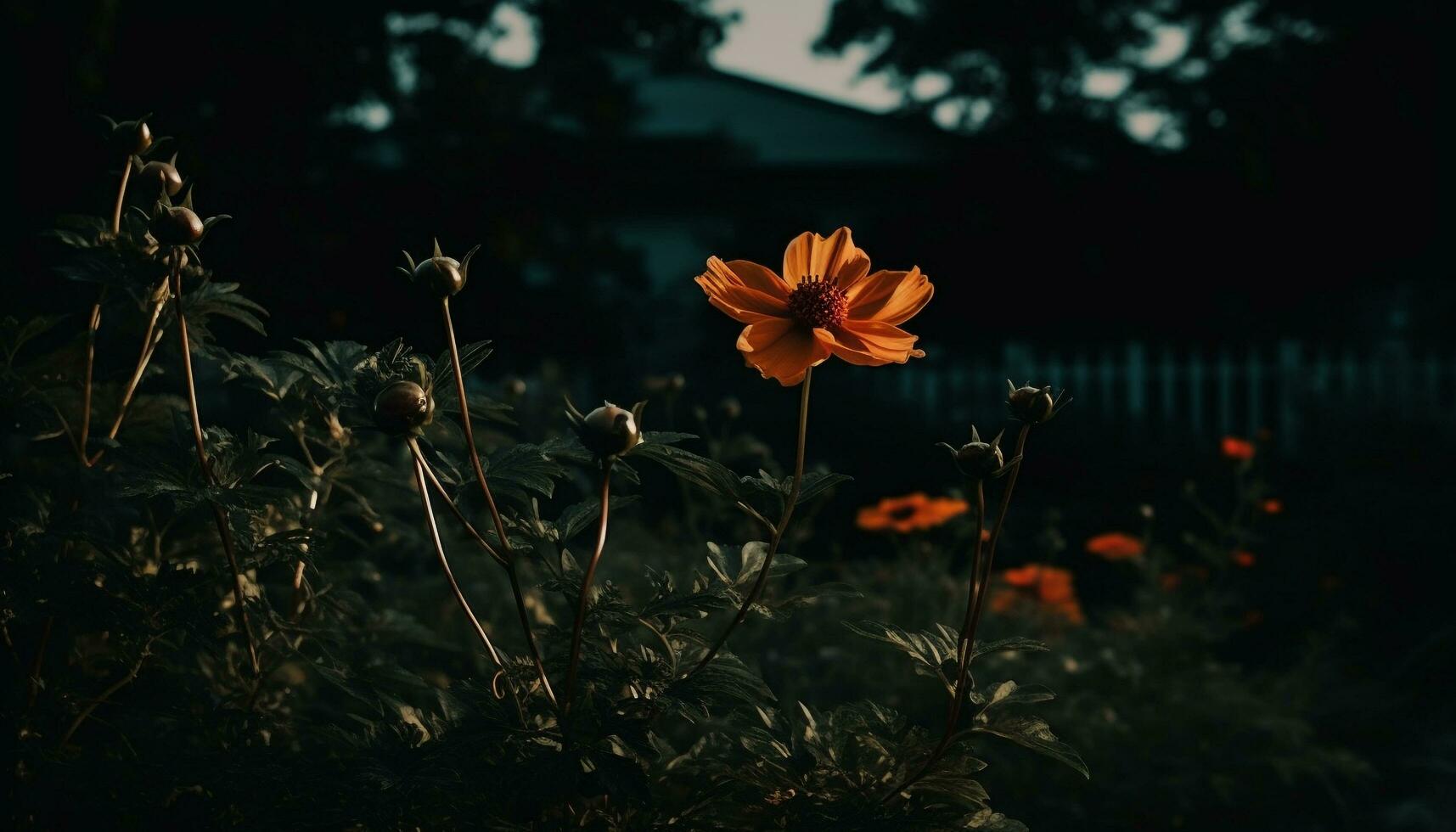 vivace giallo Fiore di campo nel prato, retroilluminato di tramonto luce del sole generato di ai foto