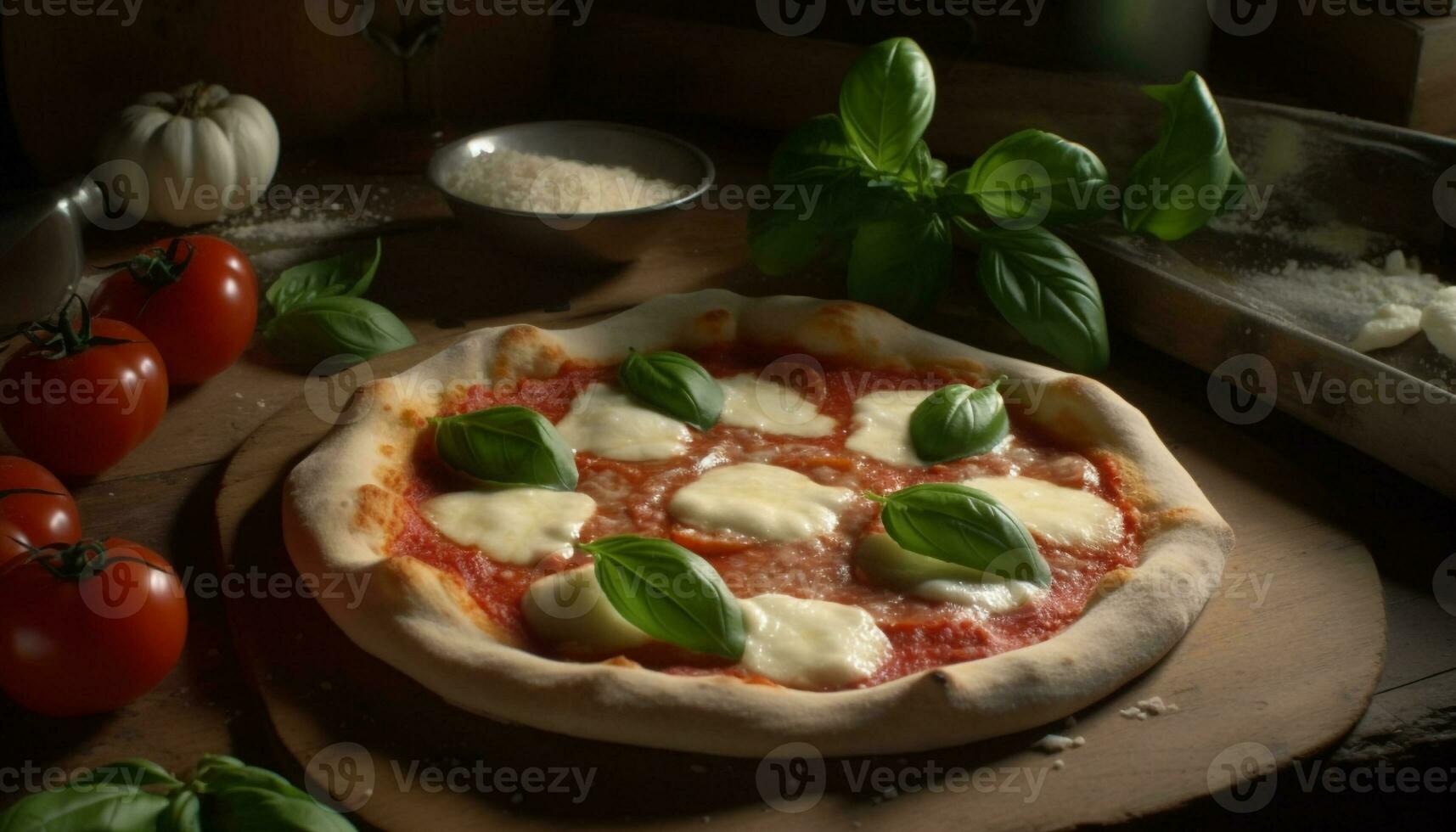 appena al forno rustico margherita Pizza con biologico pomodoro salsa e Mozzarella generato di ai foto
