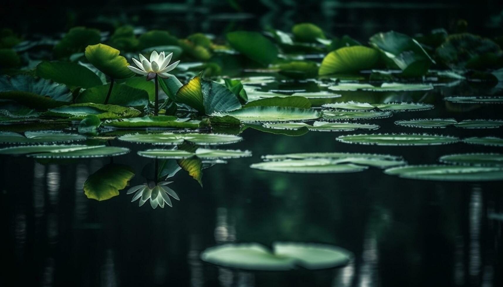 tranquillo loto fiorire galleggia nel sereno stagno, circondato di verdura generato di ai foto