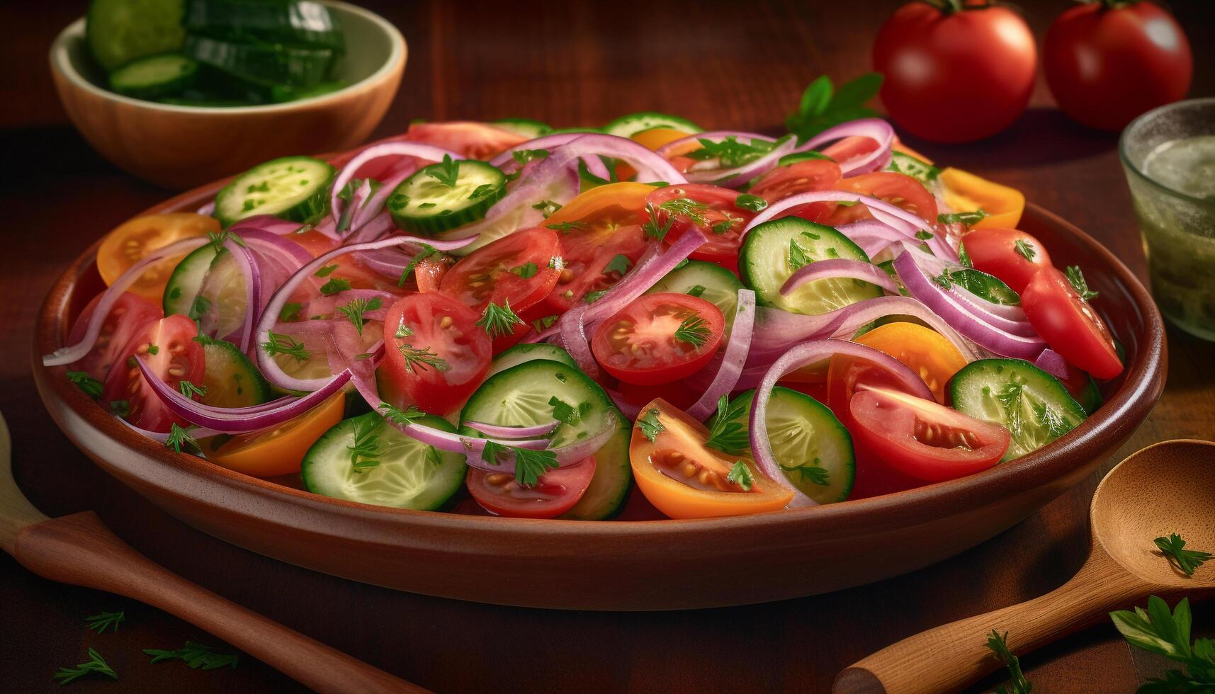 fresco biologico vegetariano insalata con maturo pomodoro e cetriolo fette generato di ai foto