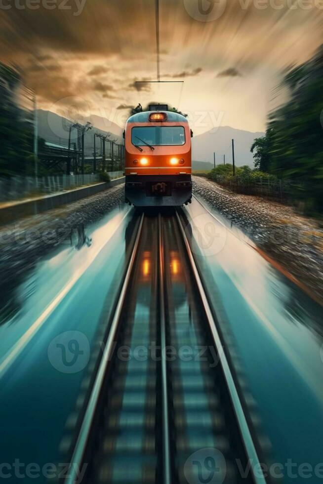 ipnotizzante treno fotografia, movimento sfocatura, riflessione, velocità, cinematografico. ai generativo foto