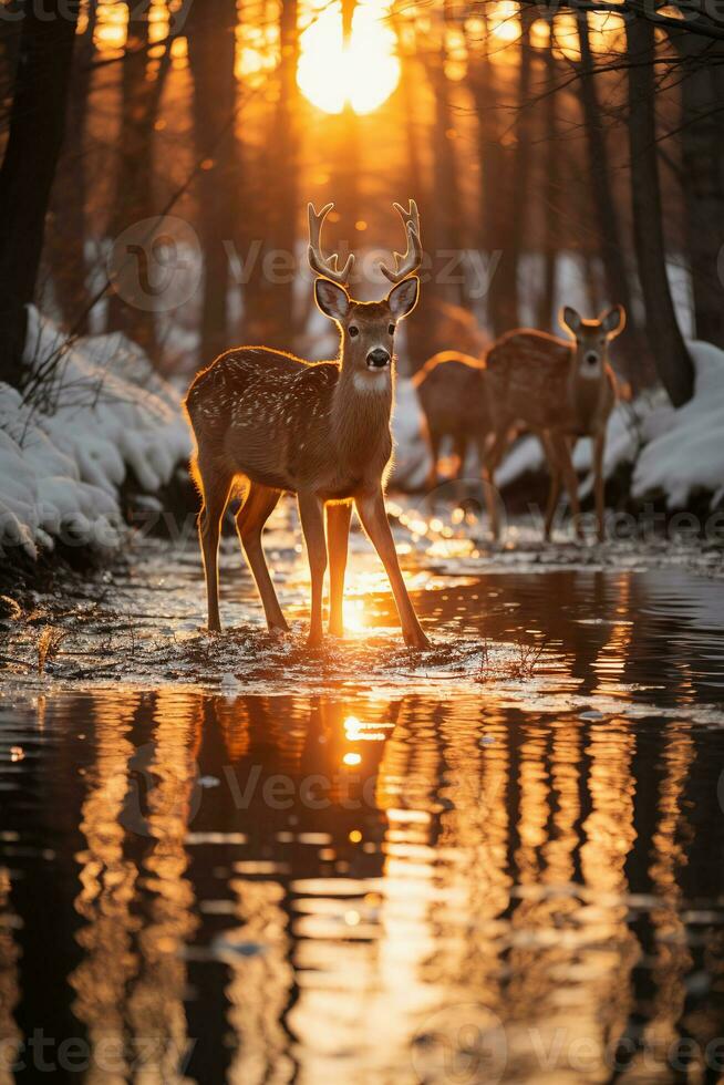 sbalorditivo fotografia di un' mandria di cervo nel congelato foresta. ai generativo foto