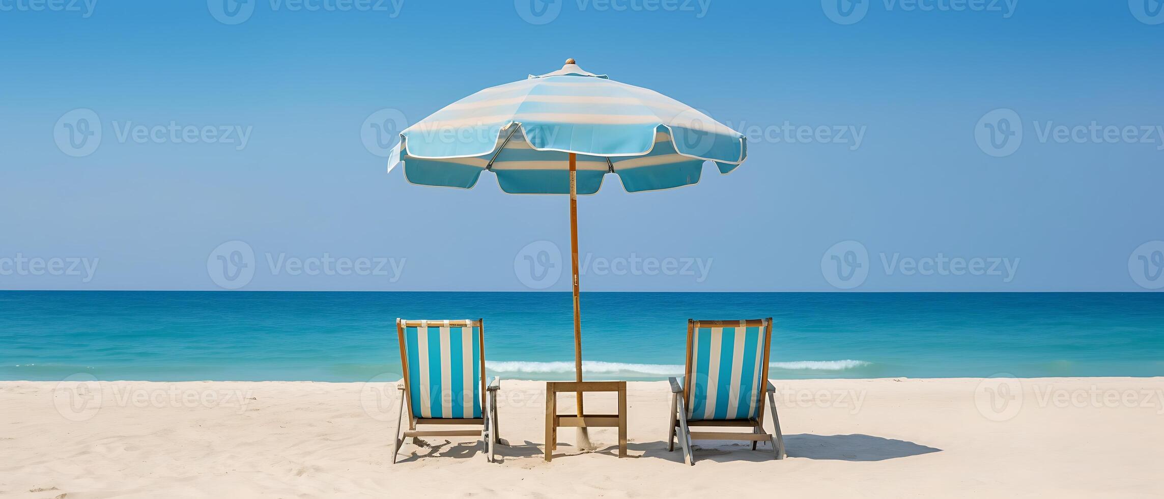 estate sedie e ombrelli siamo impostato su su un' tropicale spiaggia con un' fondale di blu cielo e mare. generativo ai foto