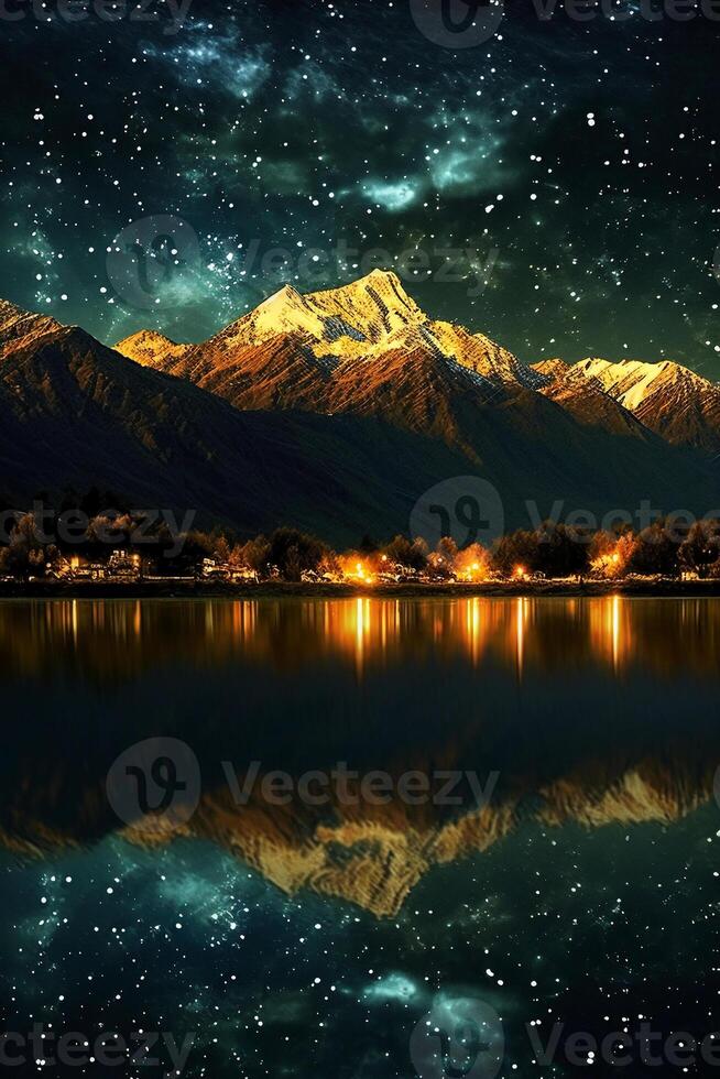 d'oro fantasia stellato cielo a notte, torreggiante montagne, chiaro scintillante lago superficie. ai generativo foto