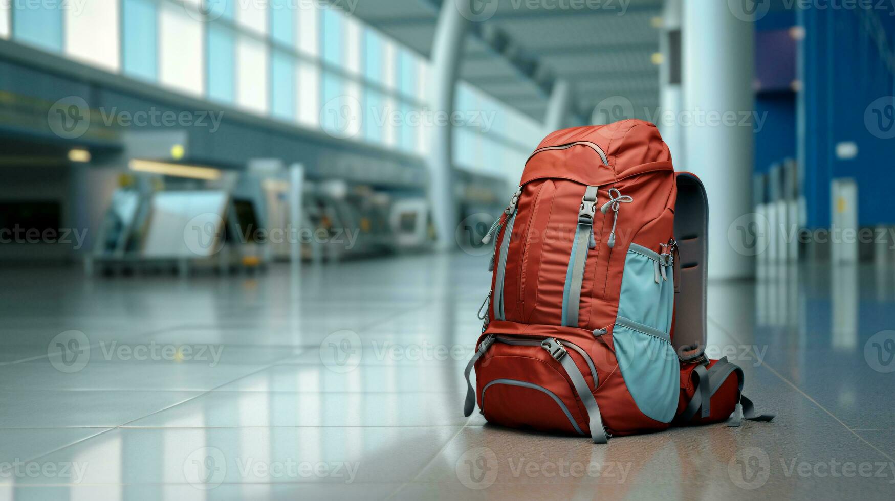 zaino campeggio o vettore nel aeroporto terminale viaggio e vacanza concetto foto