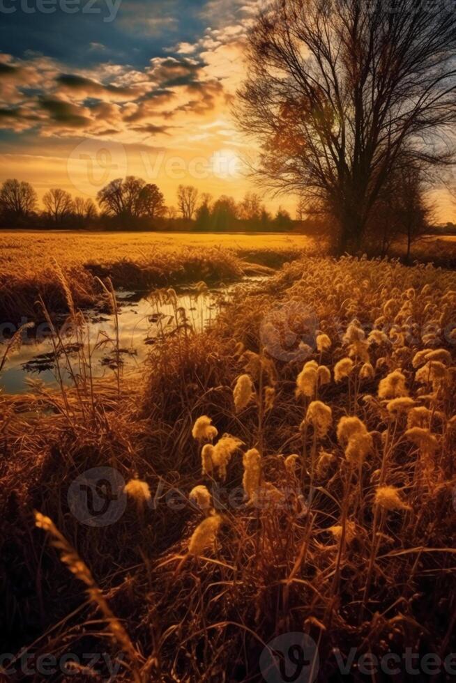 un autunno campo, il sole è splendente, ambra. ai generativo foto