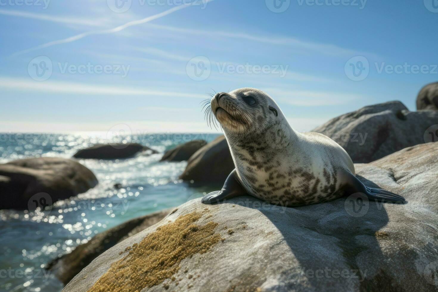 ai generato adorabile bambino foca oziare su un' roccia, con un' scintillante blu oceano e un' luminosa foto