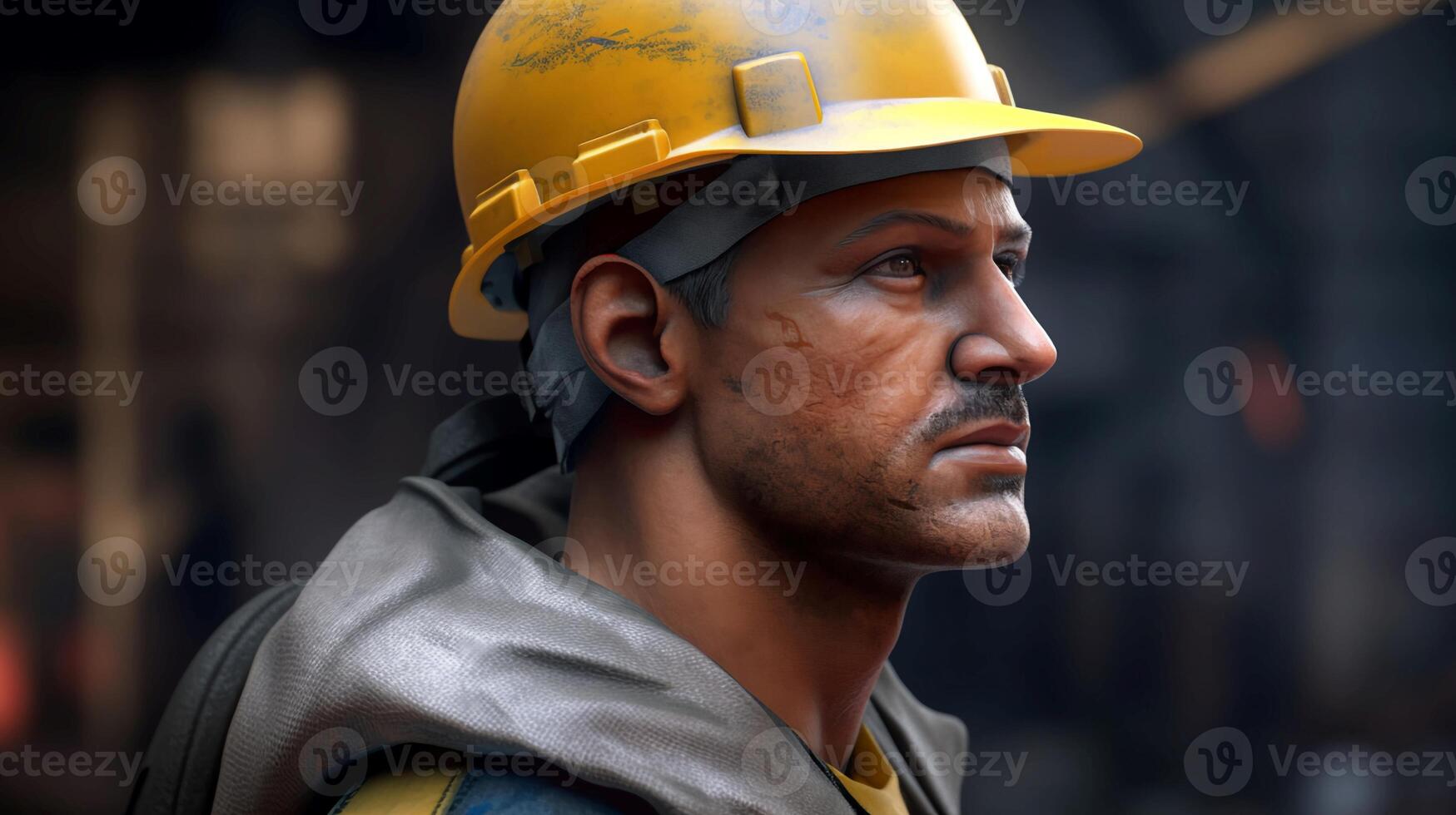 un' Lavorando uomo nel un' protettivo costruzione casco. un ingegnere a un' costruzione luogo controlli il processi di industriale costruzione. ai generato foto