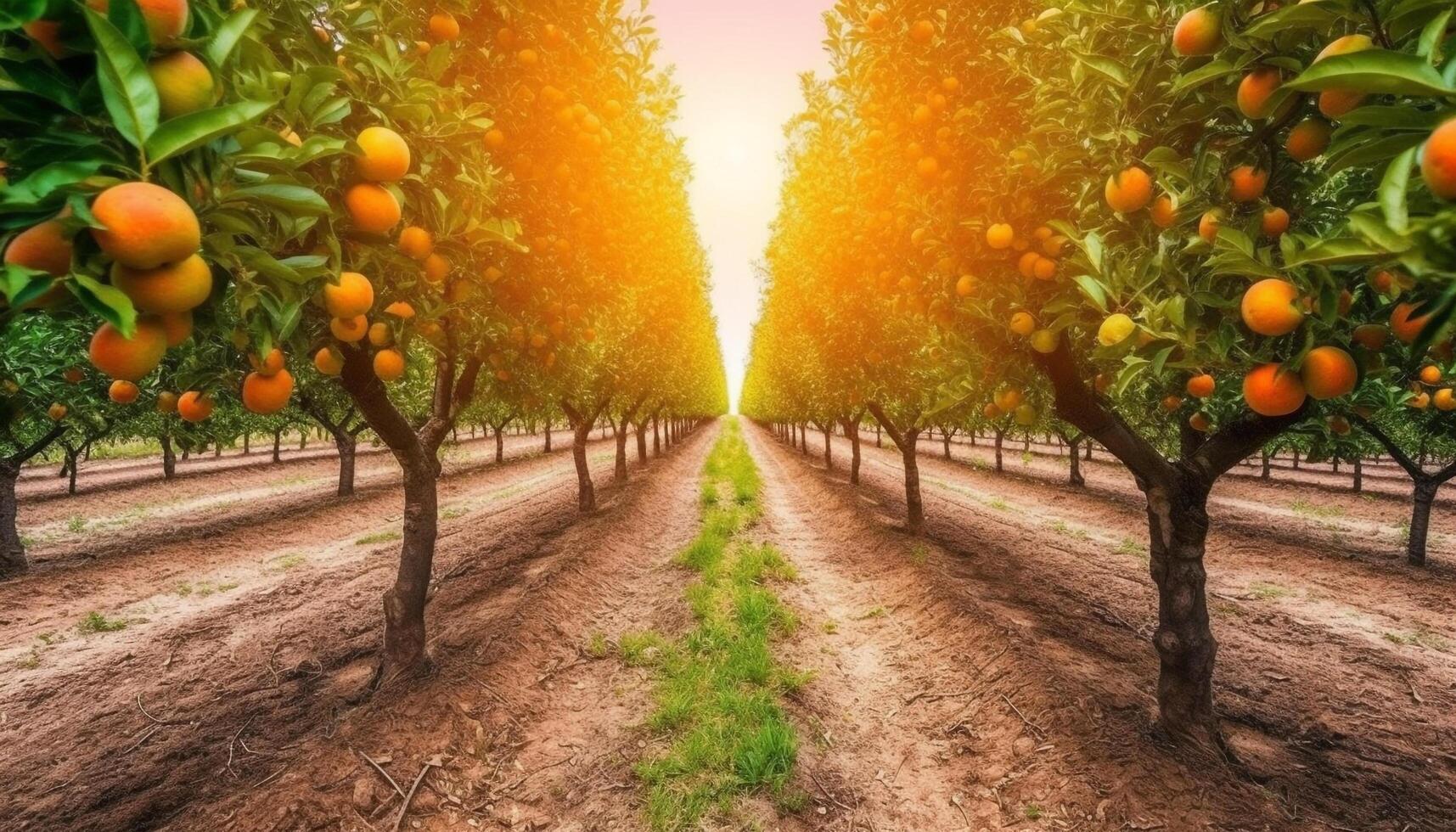 fresco agrume frutta su salutare frutta alberi nel vivace prato generato di ai foto