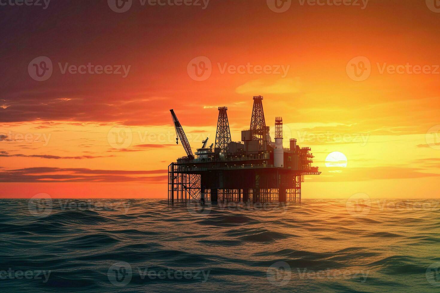 ai generato drammatico olio impianto nel il oceano con un' luminosa arancia tramonto nel il sfondo. foto