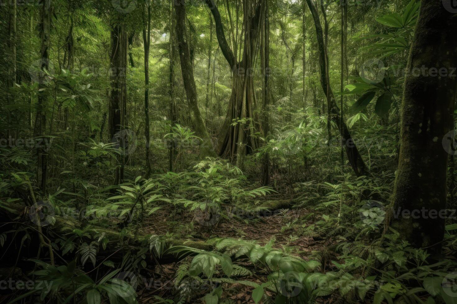 ai generato il denso foresta è casa per un' miriade di pianta e animale specie, ogni contribuendo per suo delicato ecosistema. foto