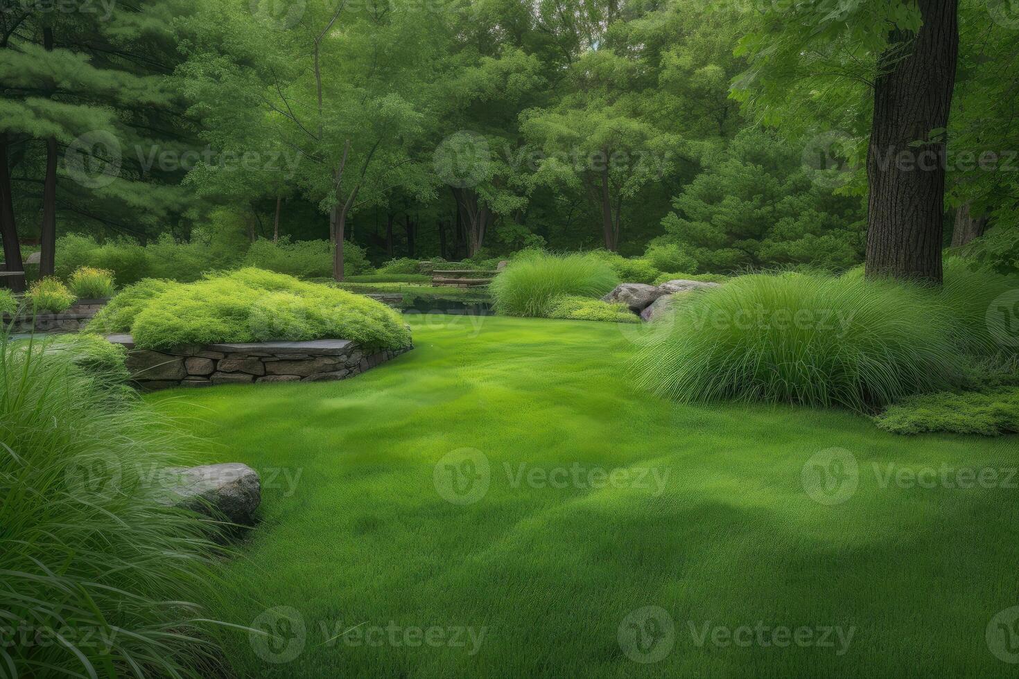 ai generato vivido verde di il erba crea un' lussureggiante e invitante paesaggio. foto