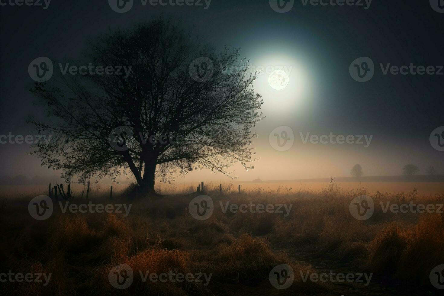 ai generato tutti quello luccica è non oro, creare un' buio e misterioso paesaggio con un' solitario albero in piedi alto in mezzo un' nebbioso e desolato campo. foto