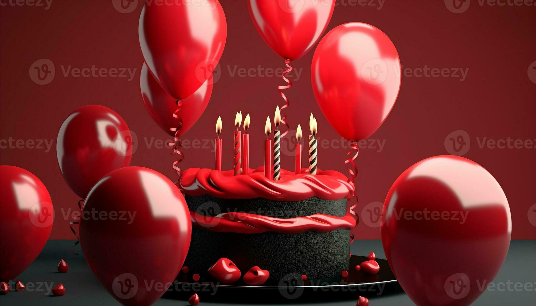 colorato compleanno celebrazione con palloncini, torta, e amore simbolo generato di ai foto