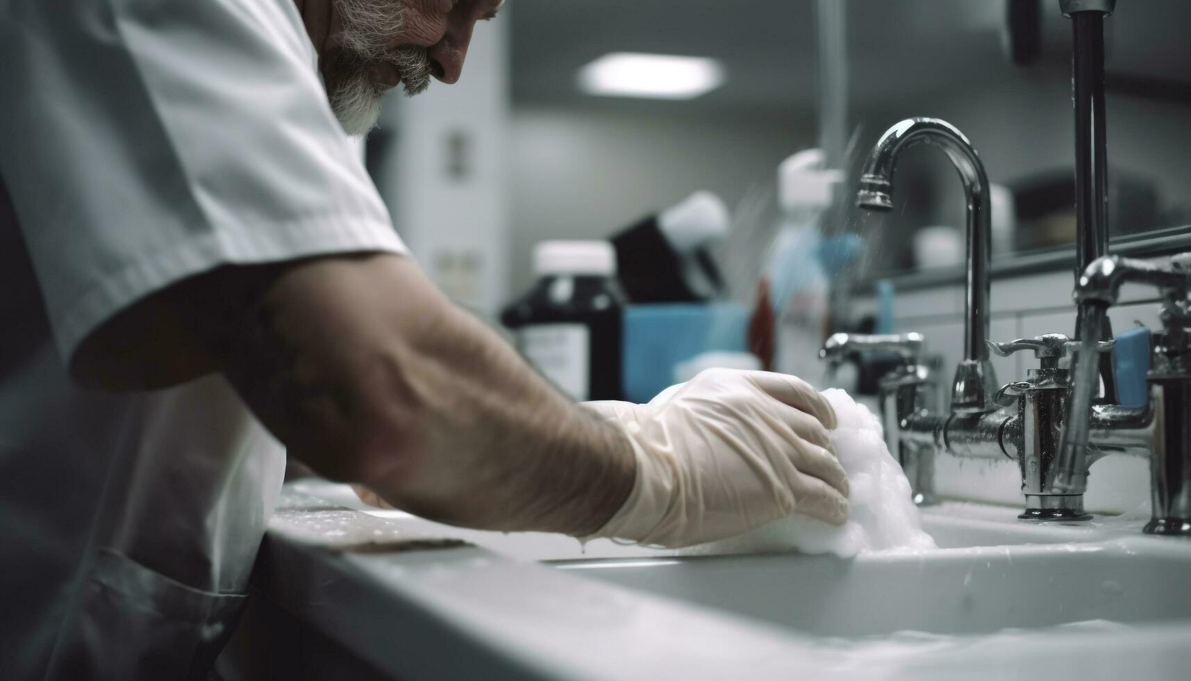 pulito e fresco cucina lavello, uomo lavaggio mani per igiene generato di ai foto