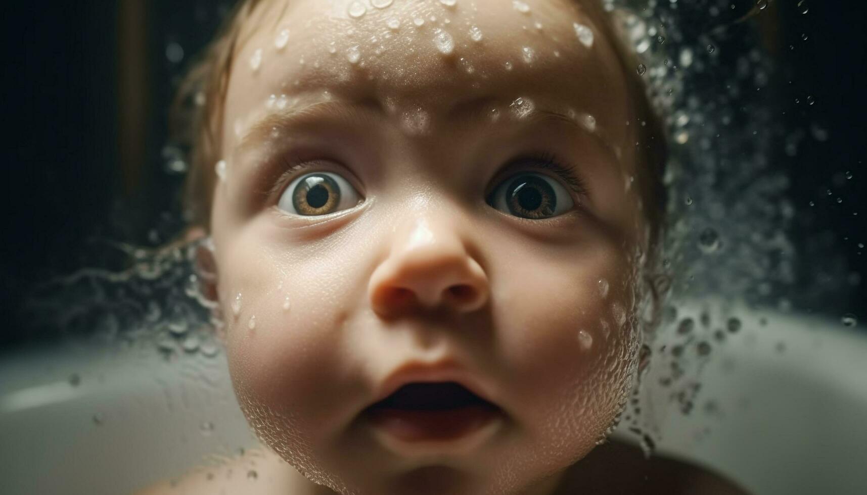 sorridente bambino piccolo spruzzi nel vasca da bagno, godendo pulito acqua e igiene generato di ai foto