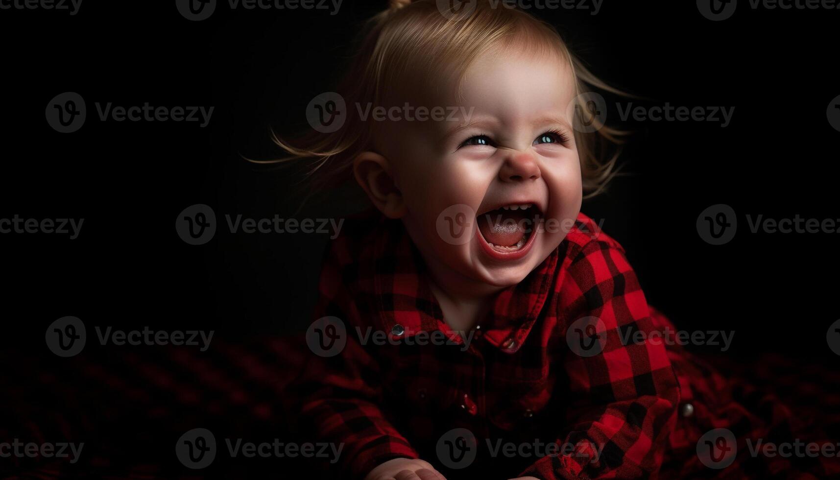 carino caucasico bambino piccolo seduta, sorridente, e ridendo con blu occhi generato di ai foto