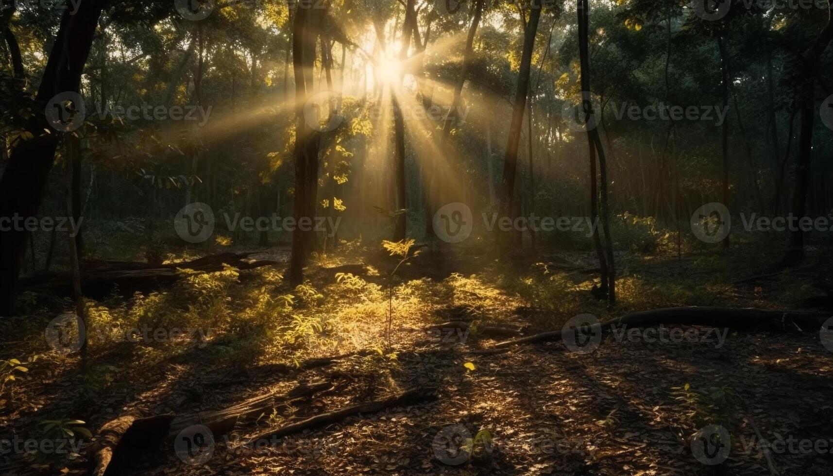 vivace autunno foresta illuminato di luminosa luce del sole e misterioso nebbia generato di ai foto