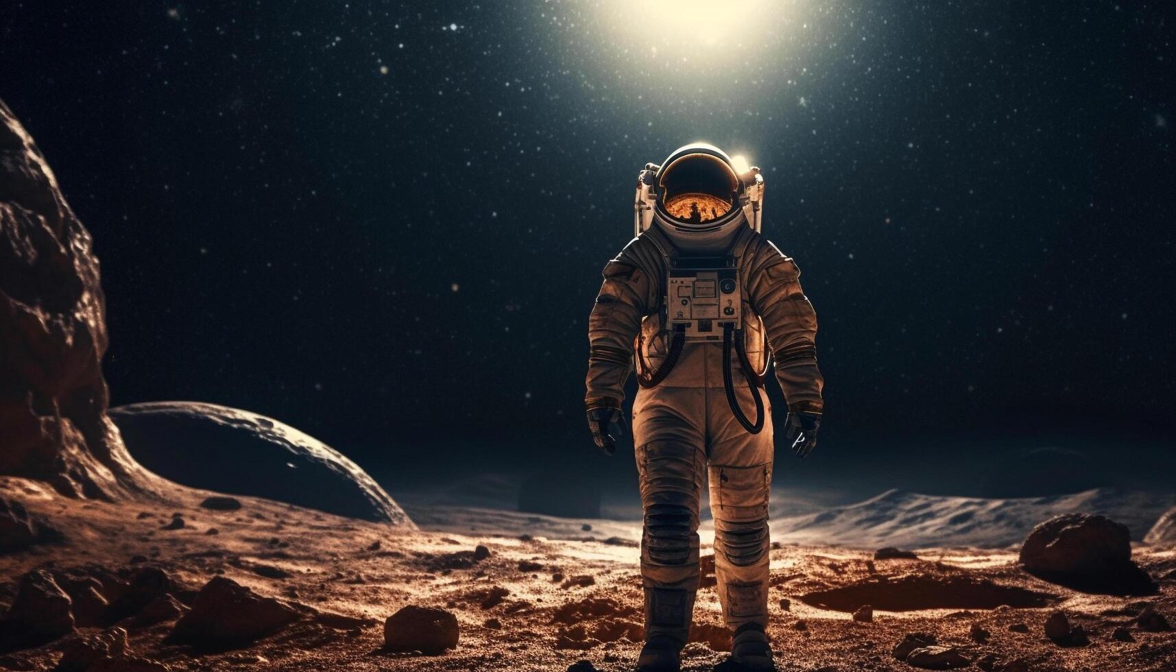 futuristico astronauta in piedi nel buio galassia esplorazione generato di ai foto