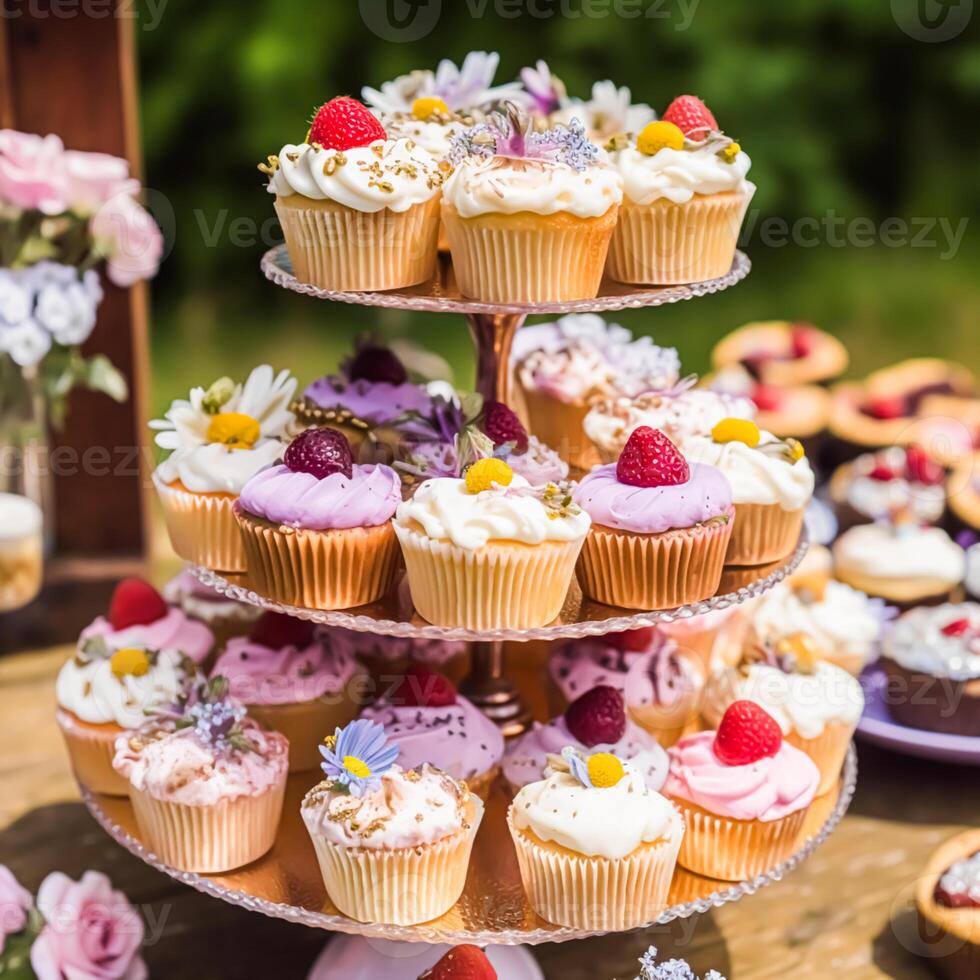 cupcakes, torte, panetti e muffin e vacanza decorazione all'aperto a il inglese nazione stile giardino, dolce dolci per nozze, compleanno o festa celebrazione, generativo ai foto